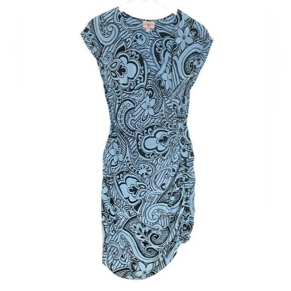 Plenty Tracy Reese Silk Mini Dress Motif Side Snap Asymmetrical Blue Mod Size 6 - Picture 1 of 11